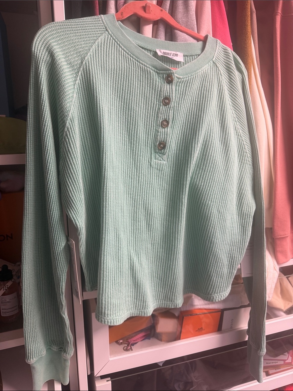 Double Zero Mint Green Waffle Henley Pullover